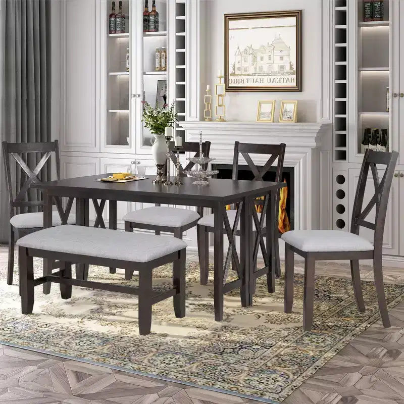Whisen 6-Piece Family Foldable Table Dining Set with 4 Chairs and Bench
