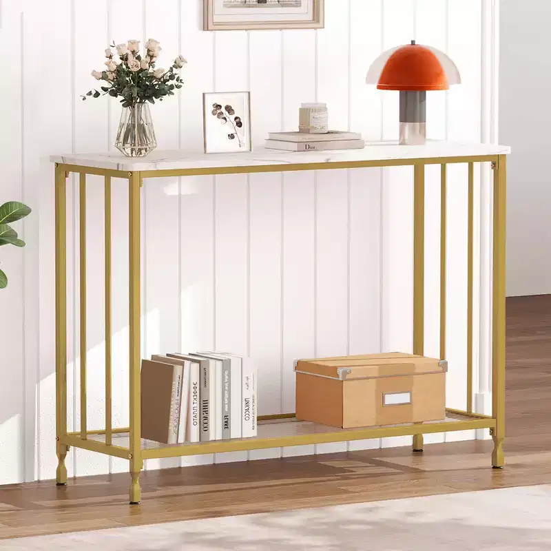 Narrow Console Table with 2-Tier Storage Shelves, Industrial Sofa Side Table, Open Display Stand for Hallway, Living Room, Foyer, Office, Bedroom