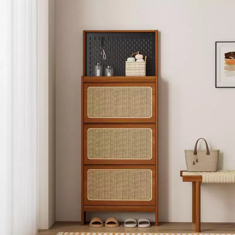 Walnut Rattan Shoe Cabinet with 3 Flip Drawers & Pegboard, 65 Tall Narrow Entryway Storage with Anti-Tip Design