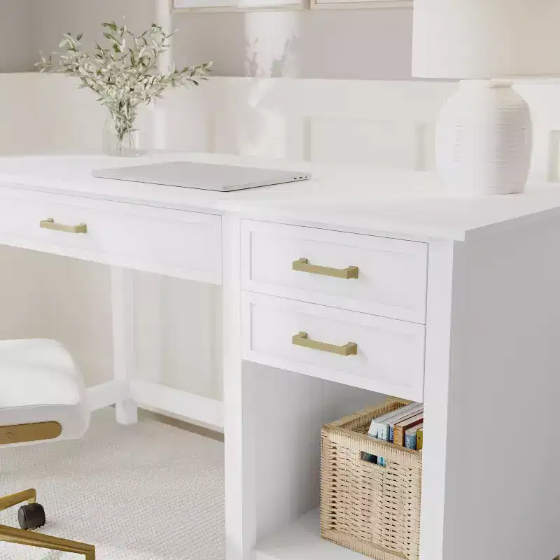 Martha Stewart Hutton Shaker Style Home Office Desk with 2 Side Drawers in White with Polished Brass Hardware