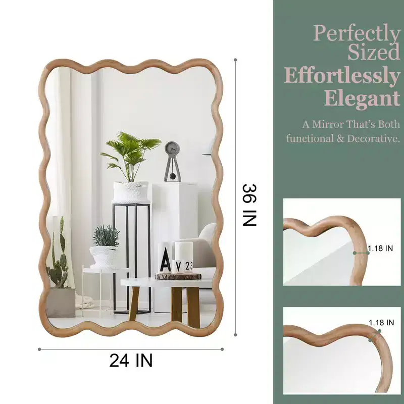 PexFix 24 x 36 Wavy Rectangle Solid Wood Frame Decorative Mirror Modern Farmhouse Wall Mirror For Bedroom Bathroom Living Room Entryway Natural Wood