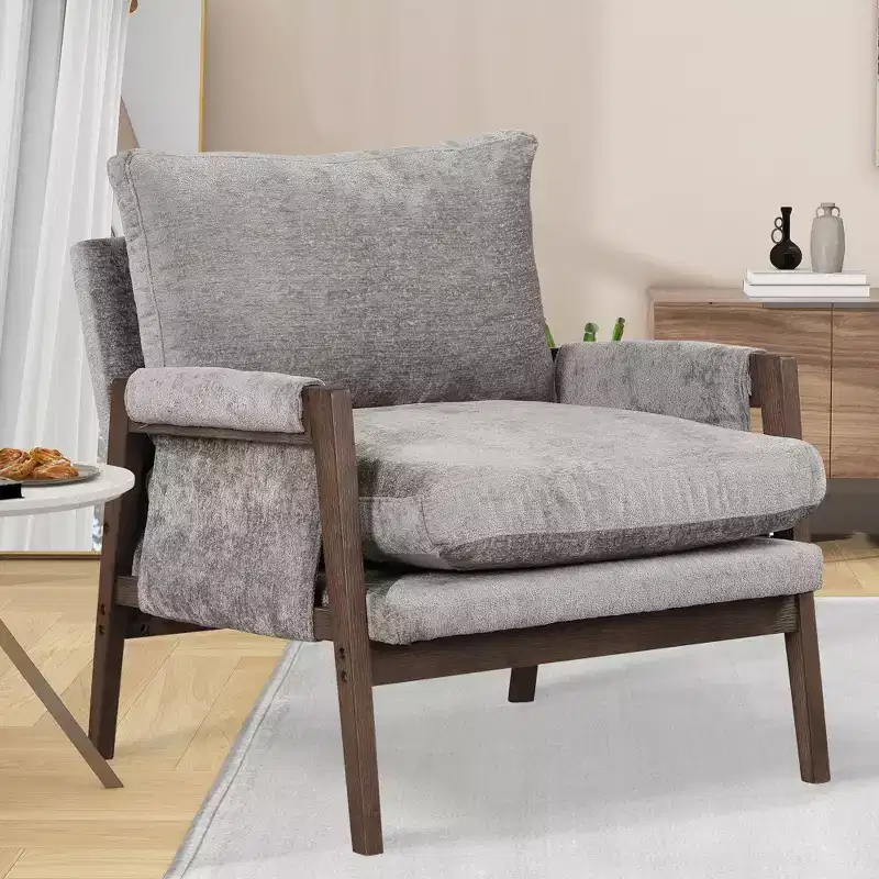 Okak Mid-Century Modern Velvet Accent Chair,Plush Armchair with Solid Rubber Wood Frame for Living Room,Bedroom,Office