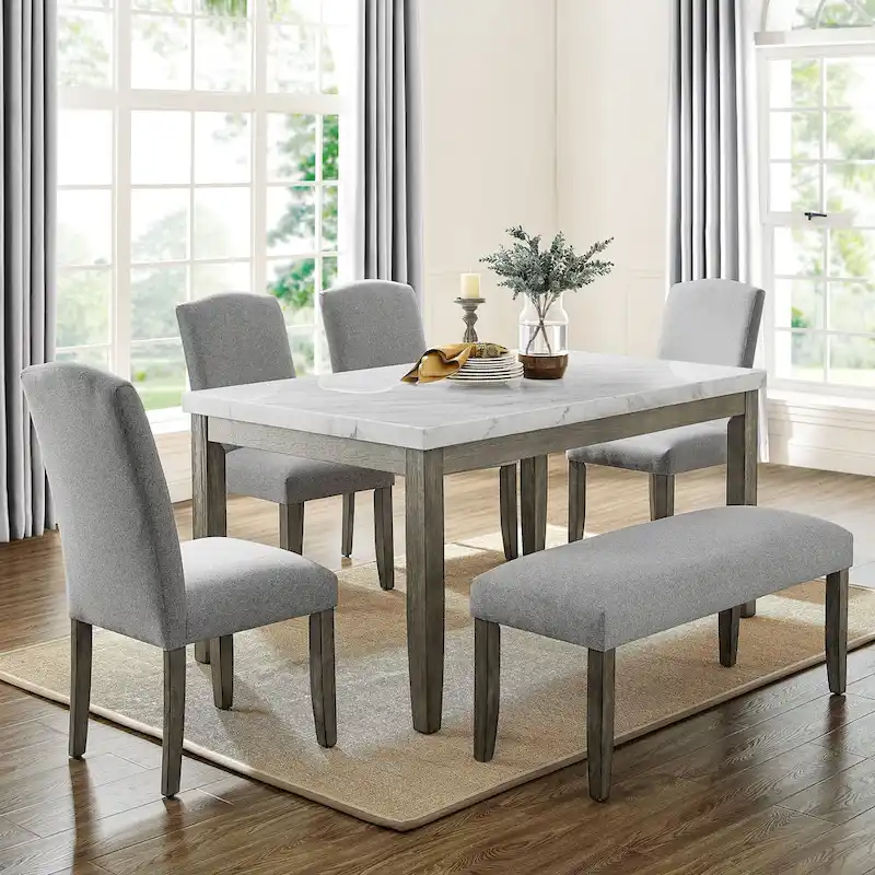 6-Piece Dining Set with Marble Veneer Top and Distressed Grey Finish