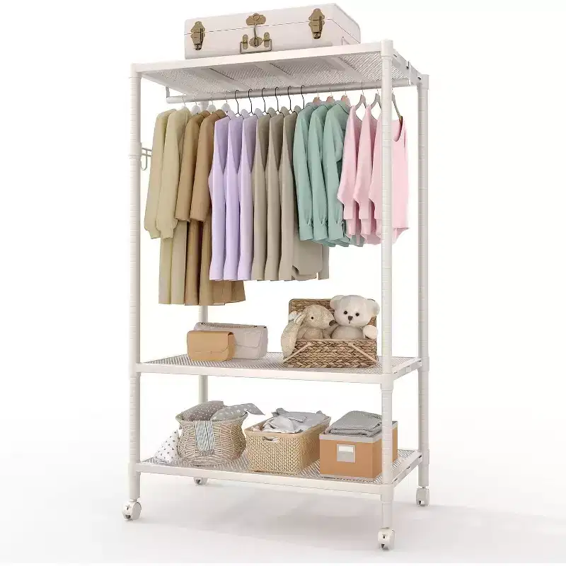 Heavy Duty 3-Tier Rolling Clothes Rack,Adjustable Shelves, Side Hooks, Lockable Wheels,Freestanding Wardrobe Organizer for Bedroom