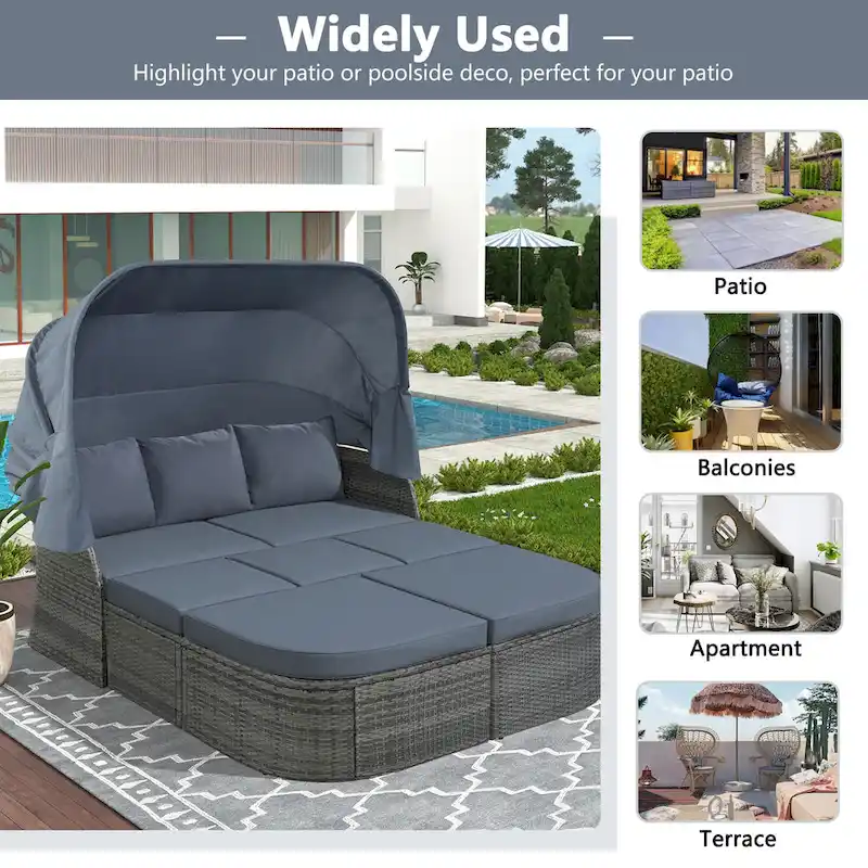 Modular Daybed Sunbed Patio Canopy Bed Wicker Conversation Set