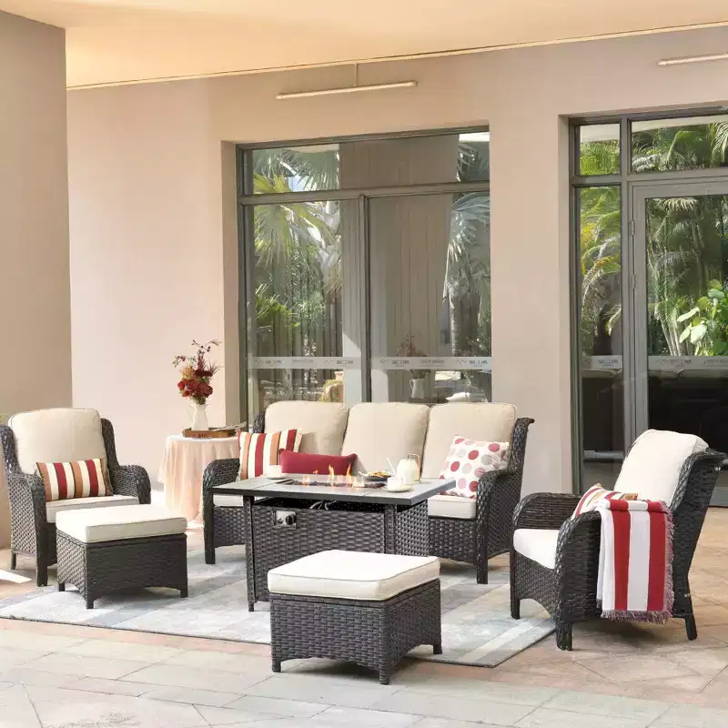 Ovios Orlando 6pc Gray Wicker Outdoor Patio Furniture Conversation Sofa Set with a Rectangle Fire Pit and Cushions