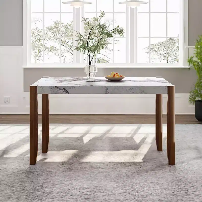 46.5 Modern Dining Table, Rectangular Faux Marble Kitchen Table with Rubber Wood Legs, White