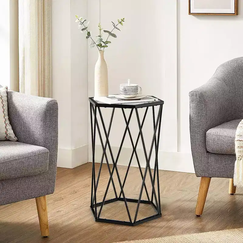 Black Metal Frame Round Glass Top Side Table for 1