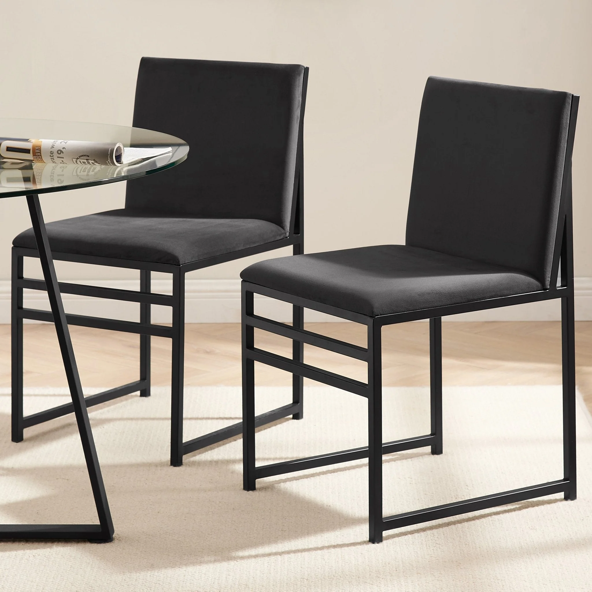 Modern Charcoal Velvet Dining Chair with Black Metal Frame for Dining Room