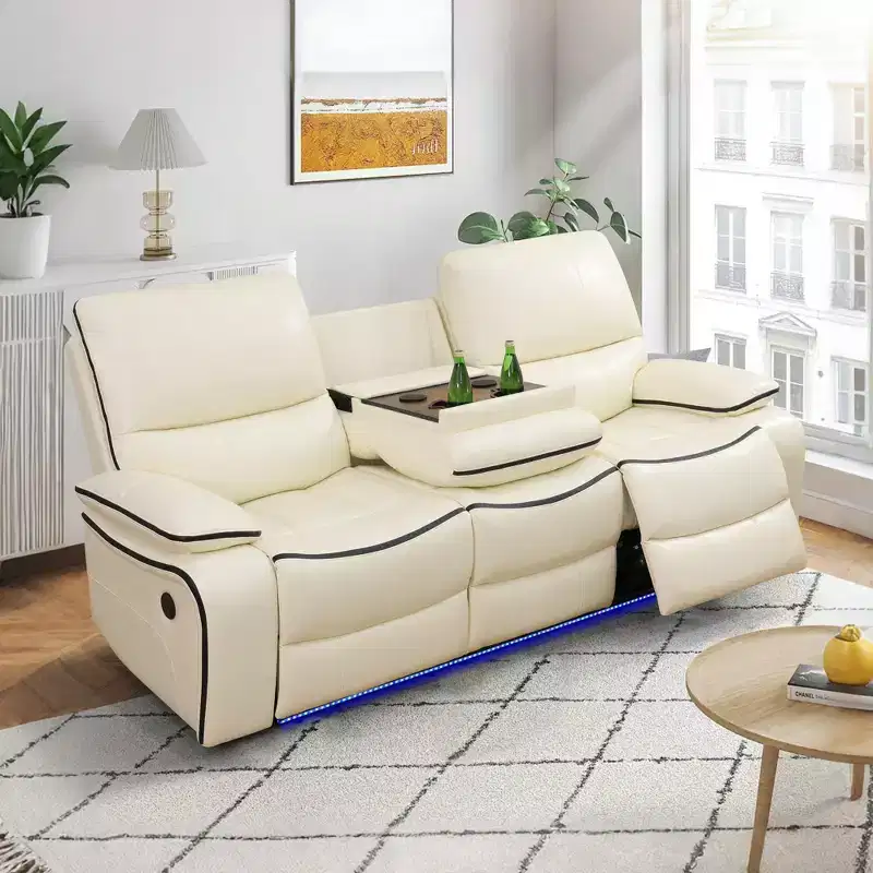 Power Reclining Sofa, Electric 3-Seat Leather Recliner with USB Charging, Reversible Table & LED Lighting for Living Room, Off-White