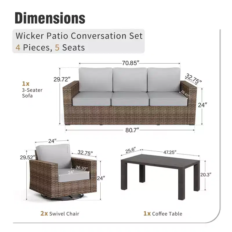 Captiva Designs 4pc Wicker Outdoor Patio Conversation Set with swivel single sofa for Backyard Deck Poolside