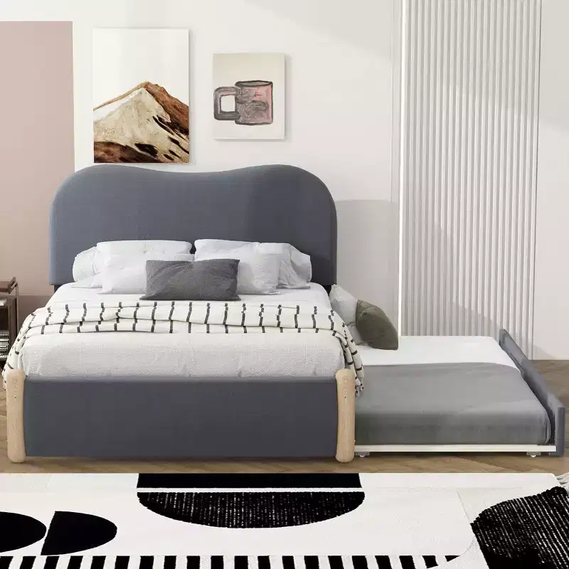 Whisen Twin Size Upholstered Platform Bed with Wood Supporting Feet and Twin Size Trundle