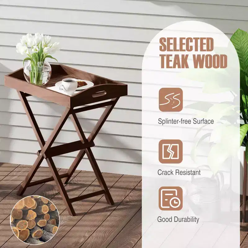 Costway 1/2 PCS Solid Teak Wood Tray Table 28 High Folding Table with Removable Tray Top