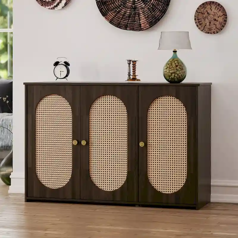 Brown/White/Natural Wood/Antique Black Rattan 3-Door Sideboard Cabinet