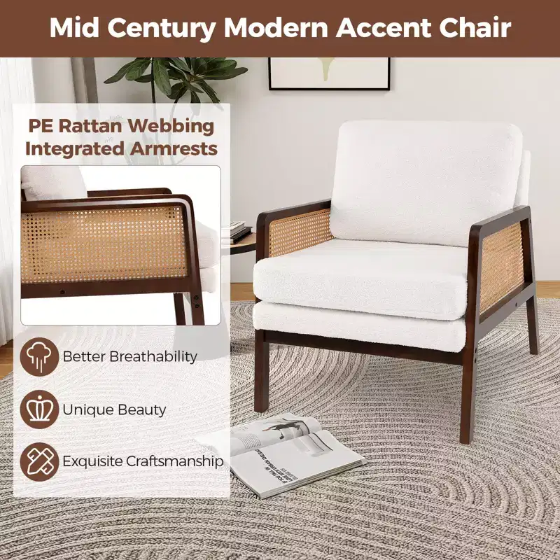 Costway Mid Century Modern Accent Chair Living Room Armchair with Rattan Arms Wooden Frame Brown/Natural