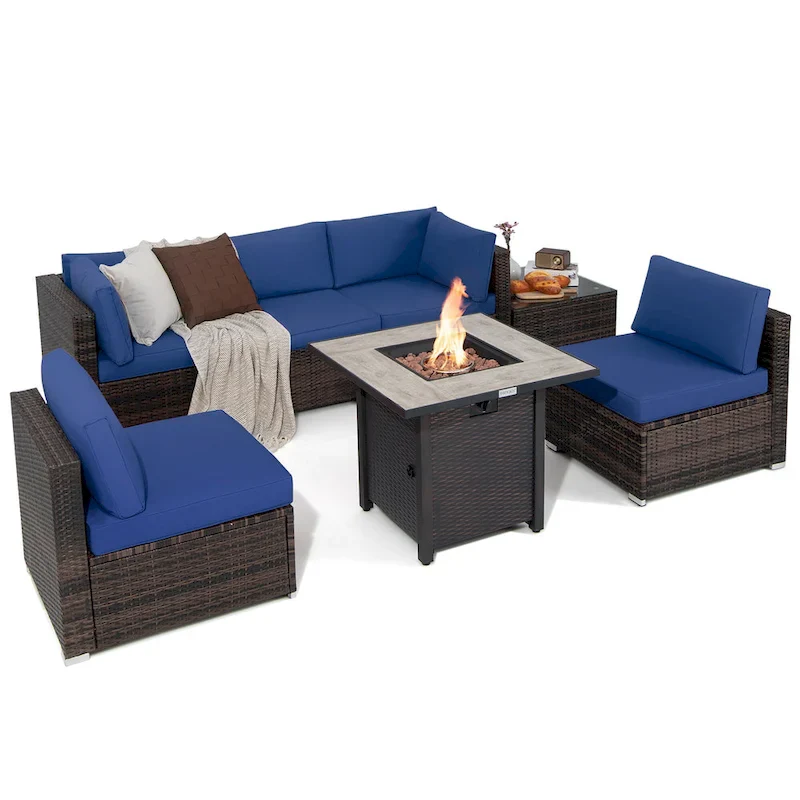 Costway 7PCS Patio Rattan Furniture Set 30 Fire Pit Table Cover - See Details