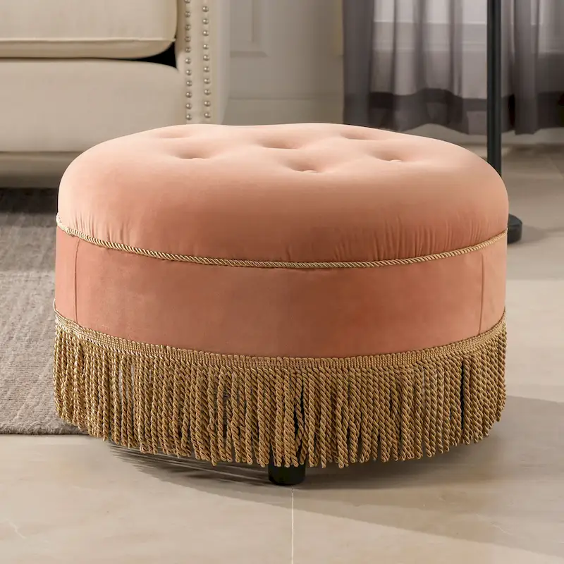 Velvet Round Accent Ottoman with Tassel Fringe, Vintage Tufted, Single Seat