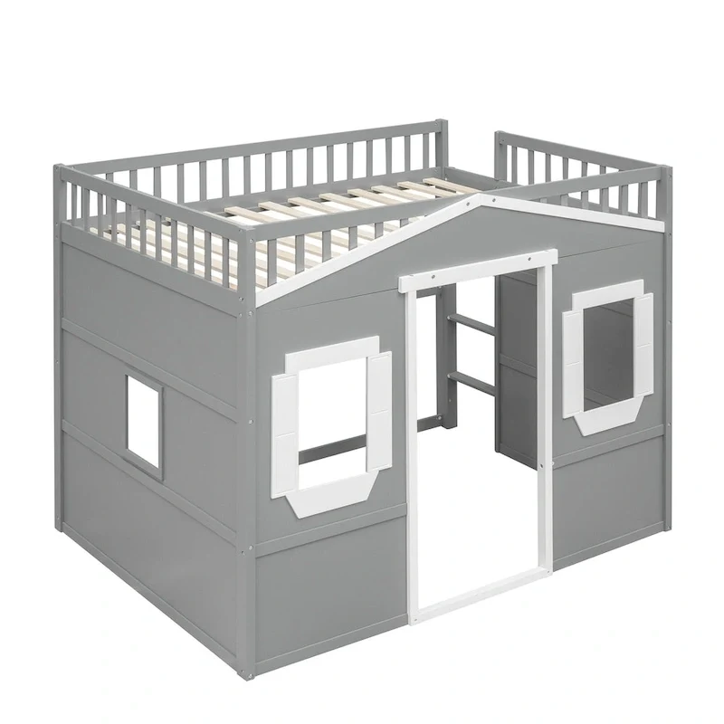 House Loft Bed With Ladder-Gray+White Frame