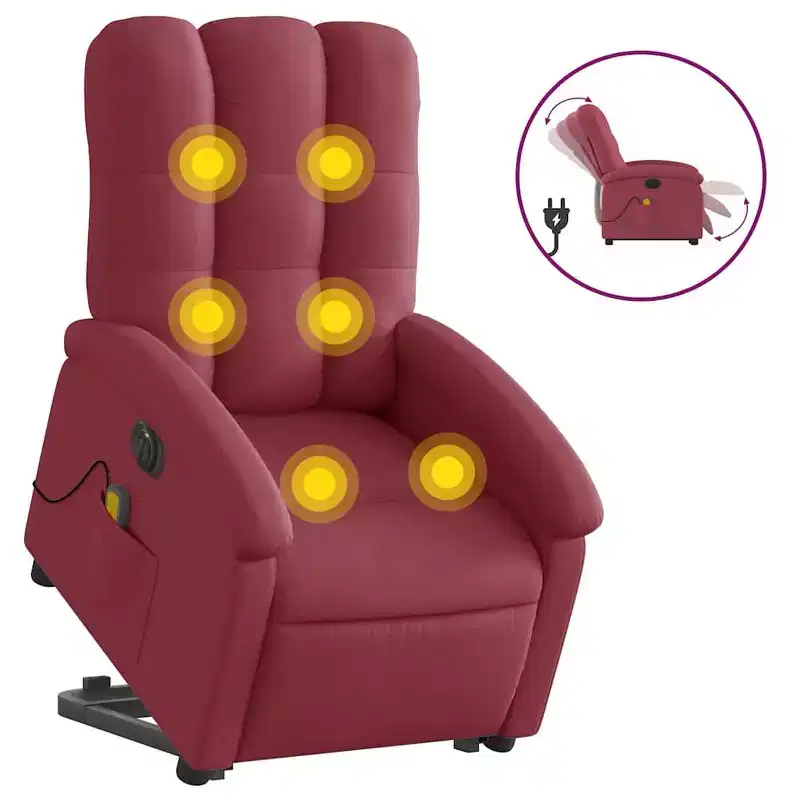 Electric Lift Massage Recliner Chair - Wine Red Fabric, Motorized Stand-Up Assist, Reclining, Vibration, Home Theater