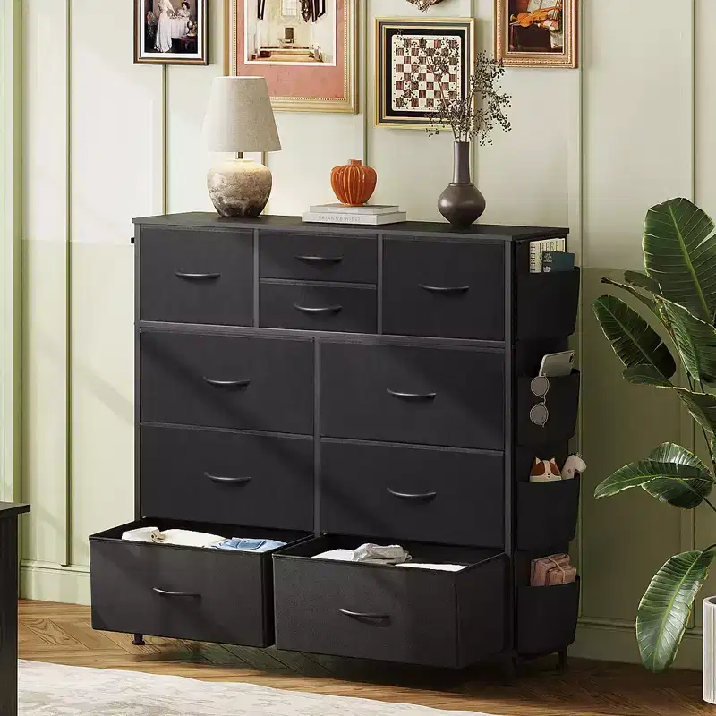 10-Drawer Fabric Dresser, Sturdy Metal Frame Organizer Unit with Side Pockets and Hooks for Bedroom, Living Room, Hallway, Black