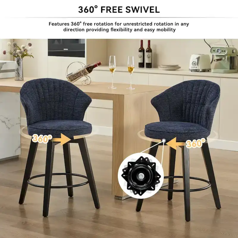 White / Blue / Dark Grey Swivel Bar Stools, Set of 2, Chenille Cushioned Counter Height Chairs with Metal Legs