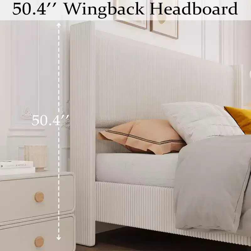 Corduroy Upholstered Bed Frame, Vertical Channel Tufted Wingback Headboard, Wood Slats Support, Noise Free, Easy Assembly