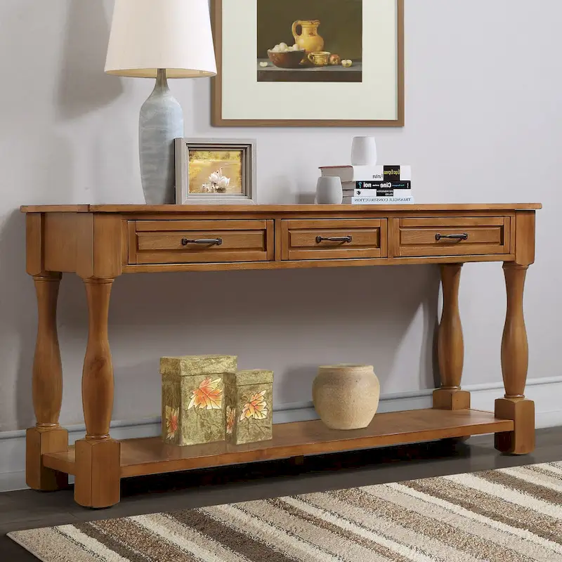 Solid Wood Console Table with 3 Drawers and Bottom Shelf - 63W