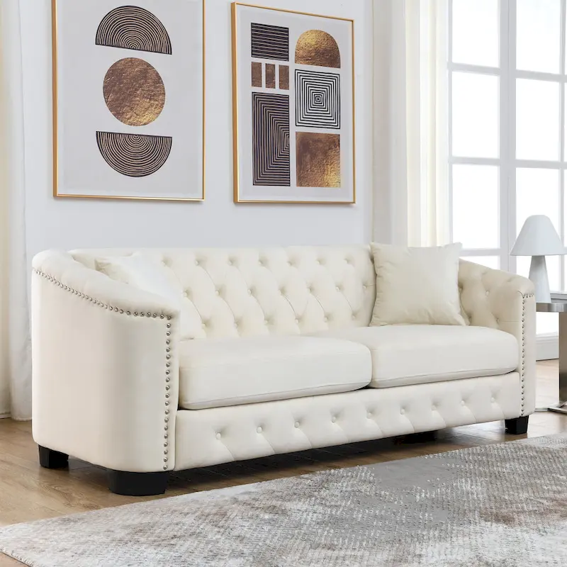 77-Inch Tufted Velvet Sofa, 3-Seater with Nailhead Arms and 2 Cushions