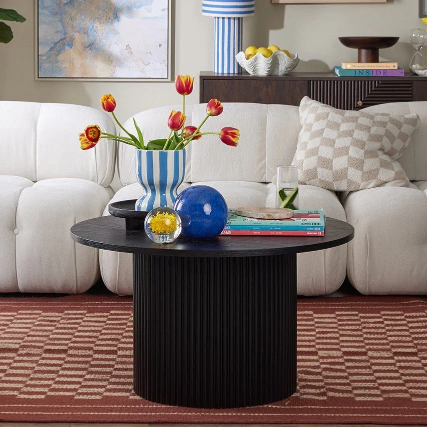 Contemporary Black Wood Effect Coffee Table with Panelled Cylindrical Base for Living Room