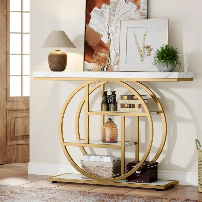 Industrial 4-Tier Sofa Table Entryway Table with Circle Base