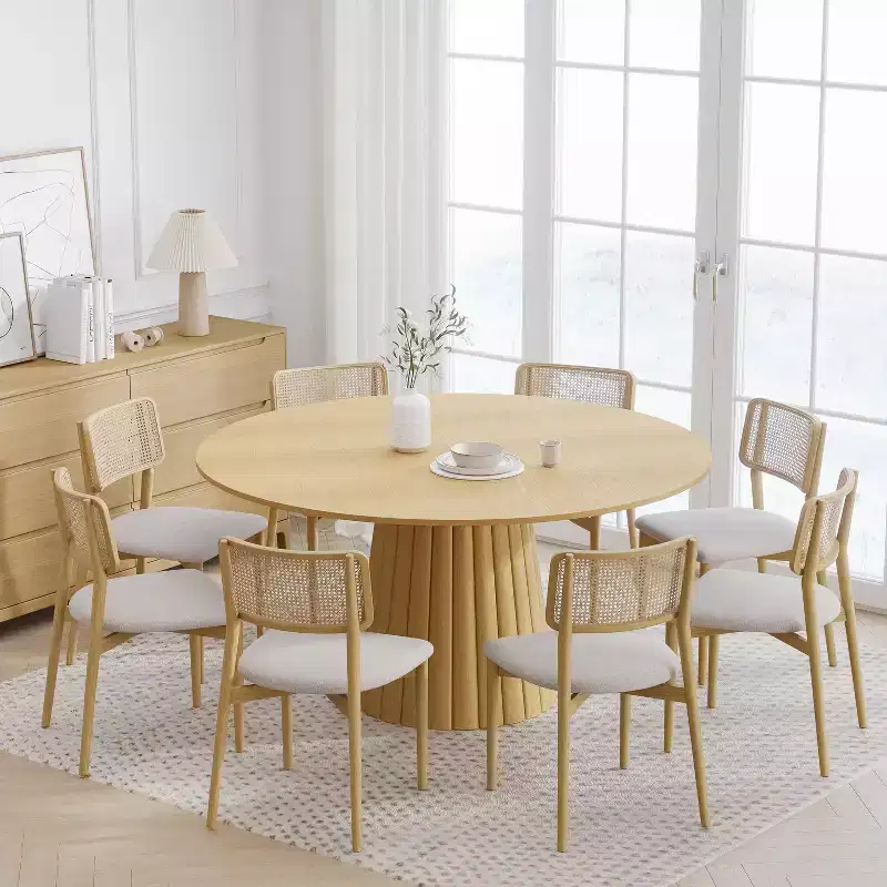 60 Solid Wood Round Dining Table Kitchen Table for 6-8 with Tabletop & Textured Tapered Base for Living/Dining Room