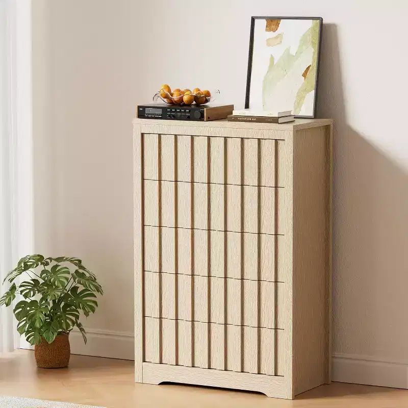 Dresser for Bedroom with 5 Drawers, 47.2 Wide Wood Dressers & Chests of Drawers, Wooden Dresser TV Stand, Modern Storage Organizer