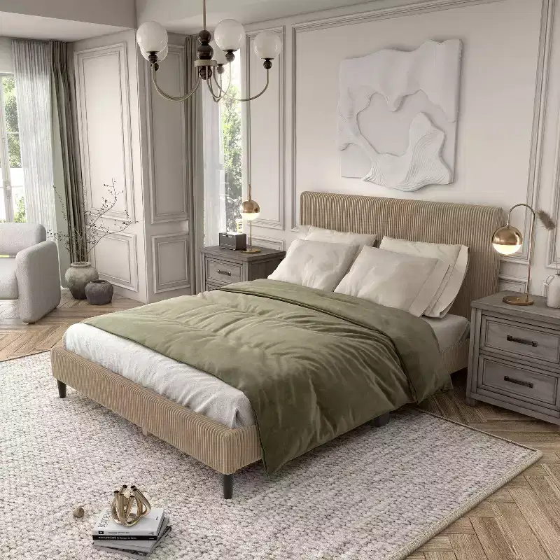 Beckman Queen Platform Bed Corduroy Upholstered with Removable Cover