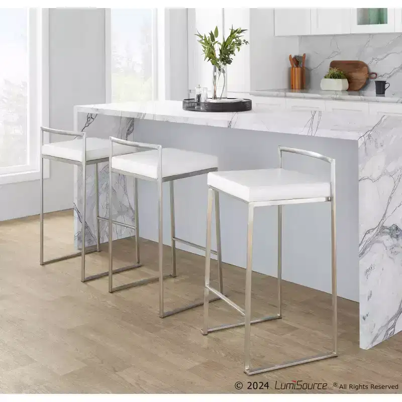 LumiSource Set of 3 Fuji Stacker Counter Height Barstools Stainless Steel/White PU