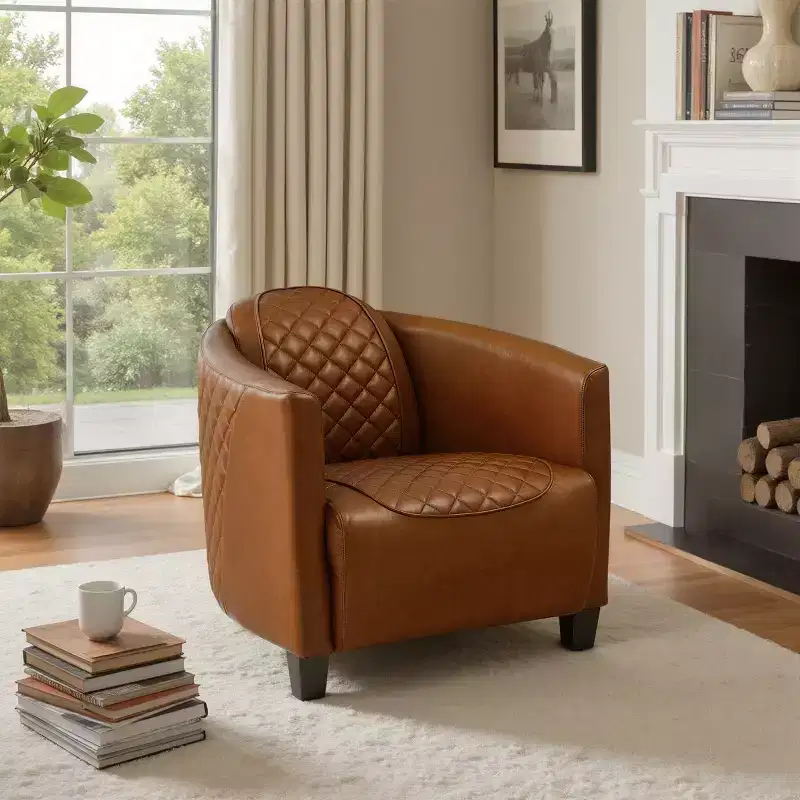 Art Leon Mid-century Modern Genuine Leather Accent Chair with Quilted Design