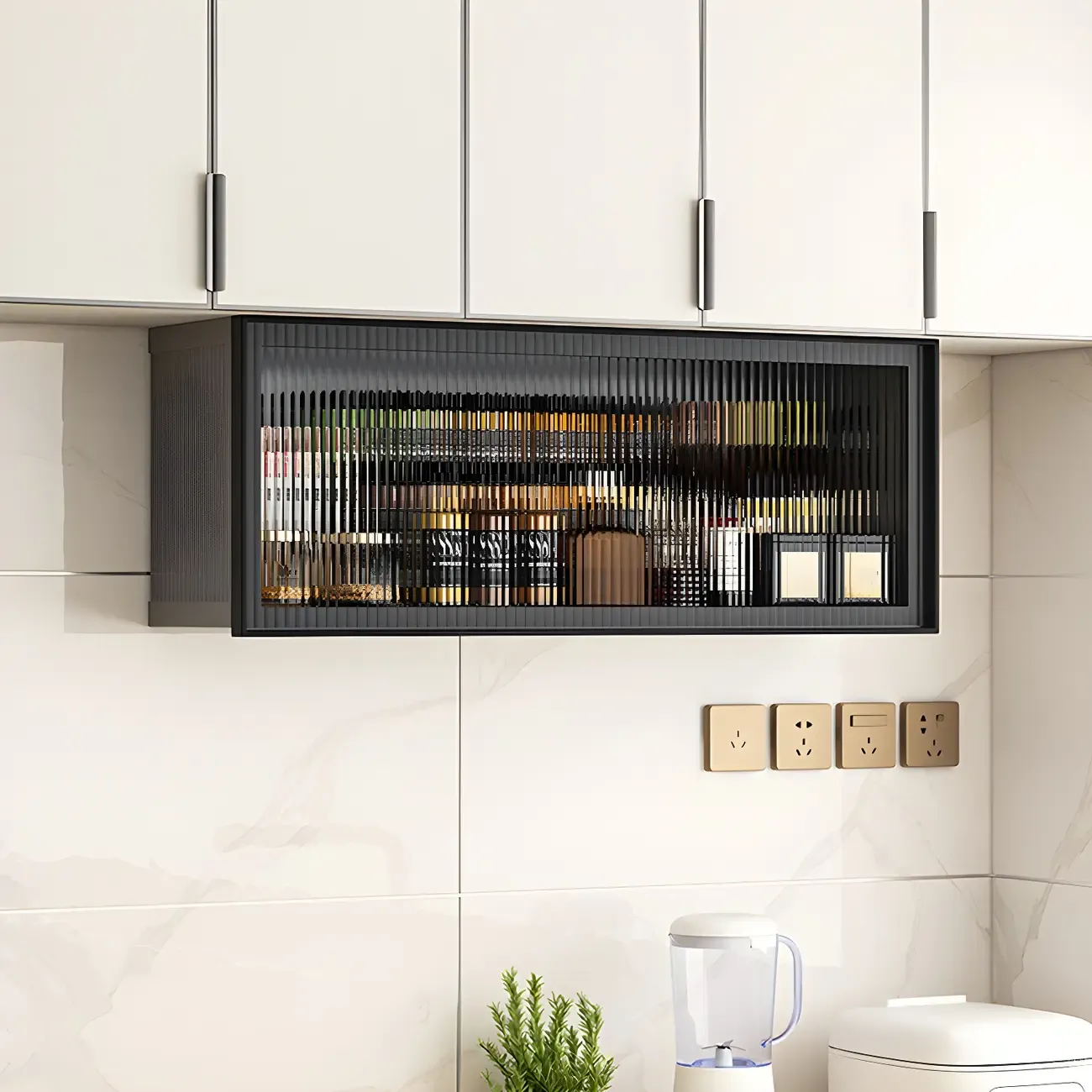 Grey Metal Floating Mounted Glass Kitchen China Cabinet