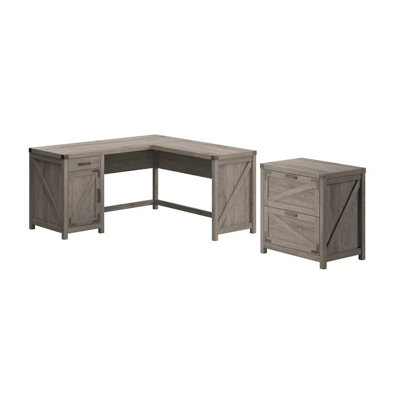 L-Shaped Corner Desk with 2-Drawer File Cabinet – Restored Gray / Reclaimed Pine / Cottage White