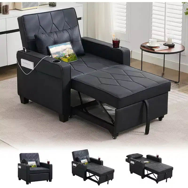 TYBOATLE 3-in-1 Convertible Sleeper Chair Bed for Adults  Pull-Out Futon Sofa with USB & Type-C Ports, Cup Holders, Side Pockets for Small Spaces