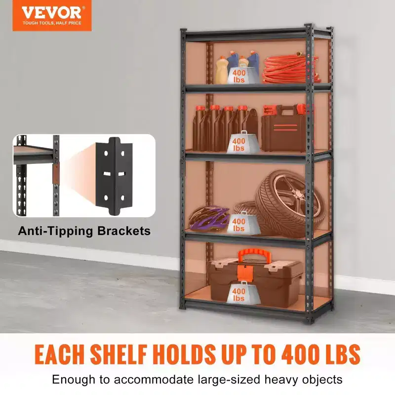 VIYET 5-Tier Adjustable Storage Shelving Unit, 2000LBS Total Capacity Heavy-Duty Metal Rack, 30L12W60H for Garage/Kitchen/Pantry/Basement (Black)