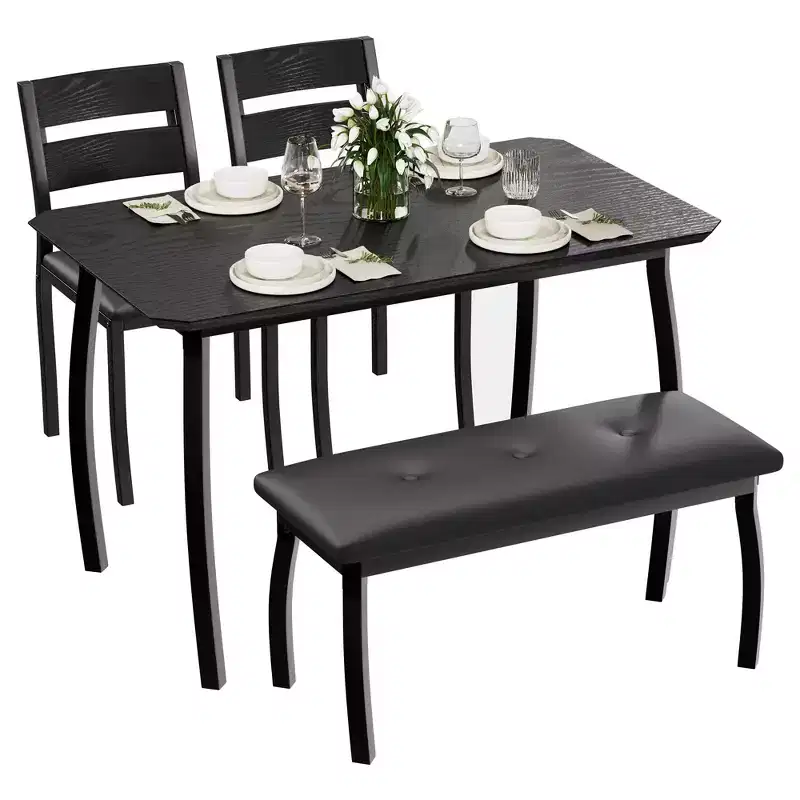 Dining Table Set for 4,Sturdy Wooden Kitchen Table with Chamfer Design and Metal Legs,Upholstered Bench&2 Classic Dinner Chairs,Kitchen and Dining Set