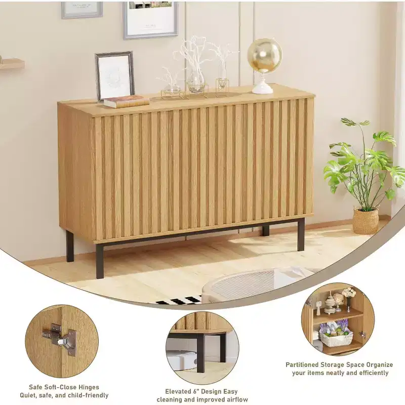 Sideboard Buffet Cabinet with Storage and Fluted Doors, Freestanding Wooden Storage Cabinet