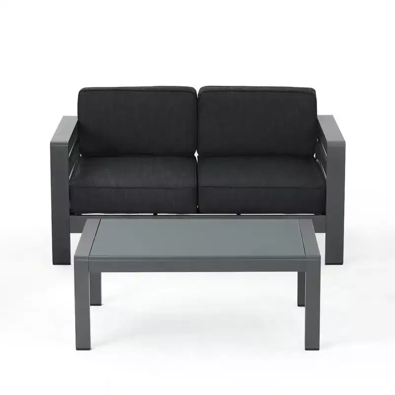 GDFStudio Liam Outdoor Aluminum Loveseat and Coffee Table Set with Cushions, Gray/Dark Gray