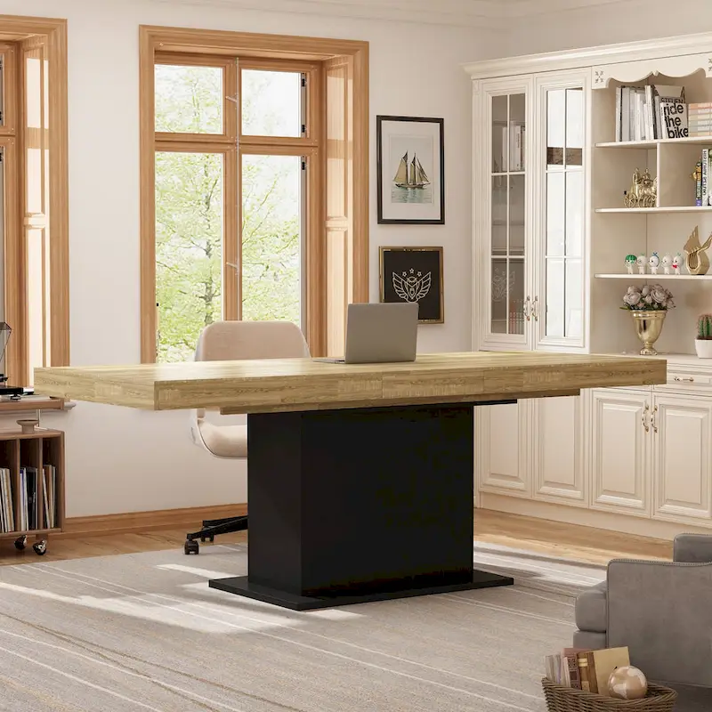 Extendable Dining Room Table Wood Finish Top Computer(Black/White)