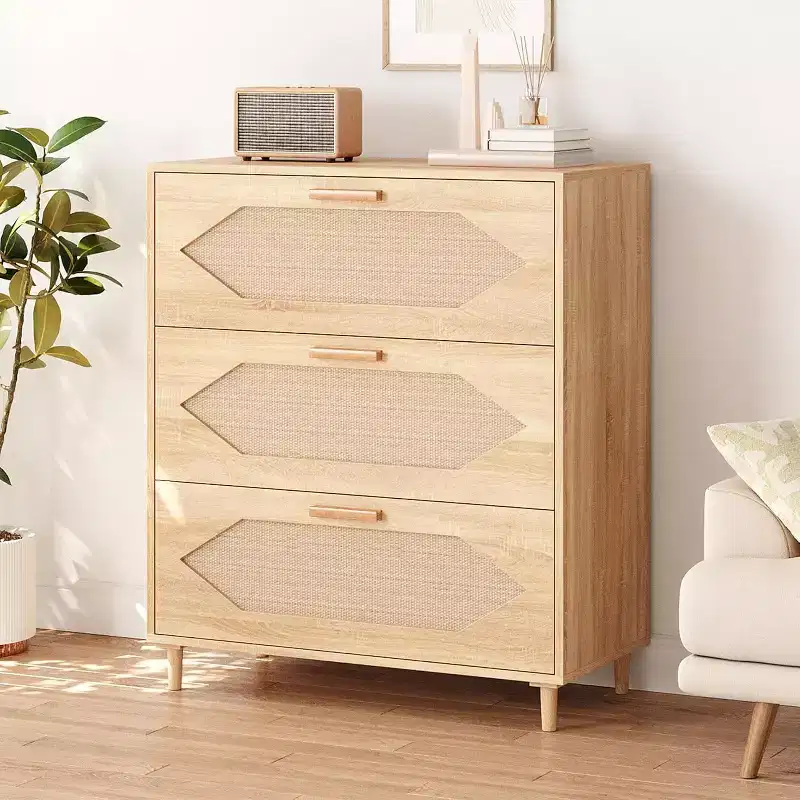 3 Drawer Rattan Dresser, Rustic Oak Wood Chest of Drawers with Woven Fronts, Modern Storage Cabinet for Bedroom, Living Room, or Entryway