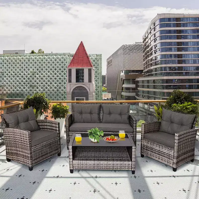 Costway 4PCS/8PCS Patio Rattan Furniture Set Coffee Table Cushioned Sofa Garden Lawn Gray