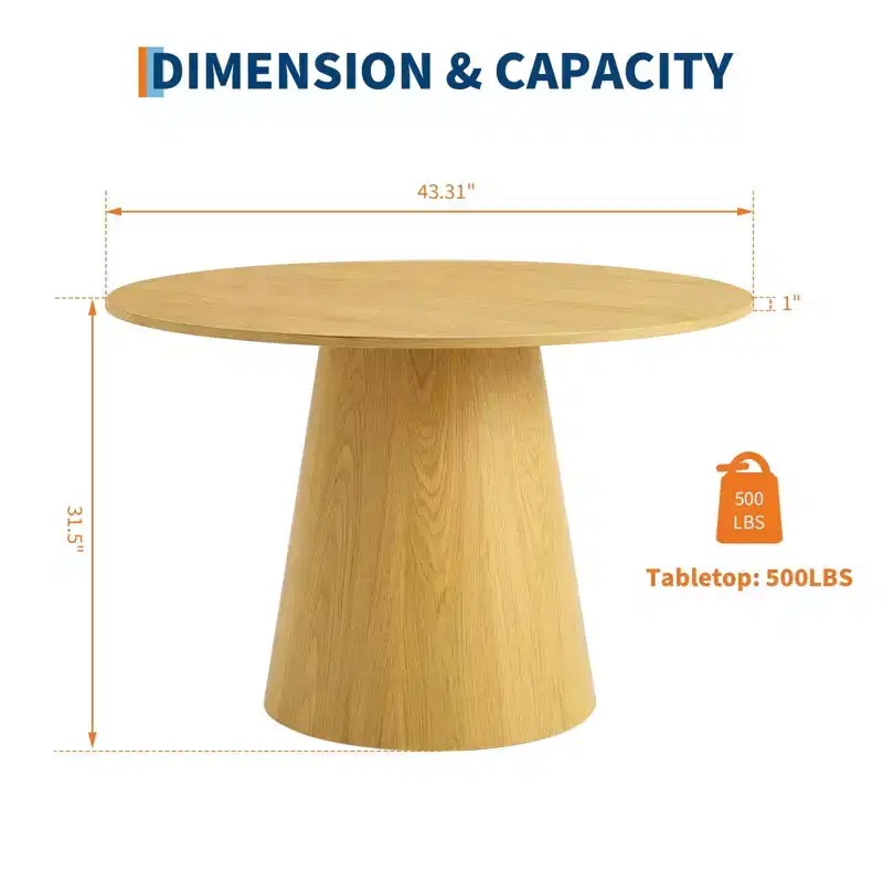 43'' Round Dining Table for 4-6 People, Wooden Kitchen Table with Pedestal Base, Farmhouse Circle Table for Living Room Apartment (Only Table),Walnut