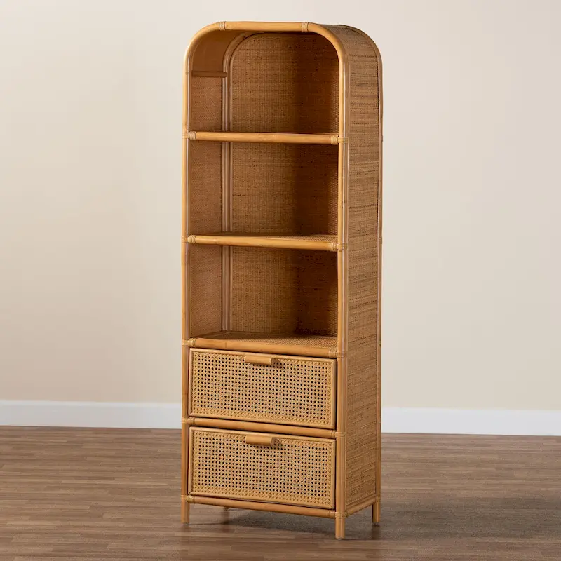 Curacao Modern Bohemian Light Honey Rattan 2-Drawer Bookcase