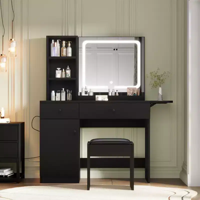 Vanity Desk with Drawers, Stylish Dressing Table Bedroom Makeup Table Set, with Chair, Mirror and Lights, for Bedroom, Black