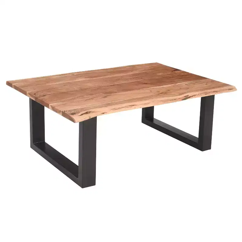 The Urban Port 45" Acacia Wood Rectangular Coffee Table Live Edge Details Black Powder Coated Metal Base Natural Brown