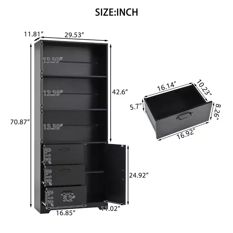 6-Tier Bookshelf with Door and 3 Drawers,71 Tall Bookcase with 3-Tier Open Shelves,Wooden Book Shelf with Storage Cabinet for Home Office,Living Room